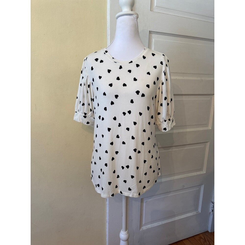 tunic top heart print black white crew neck elbow sleeves graphic coquette girly